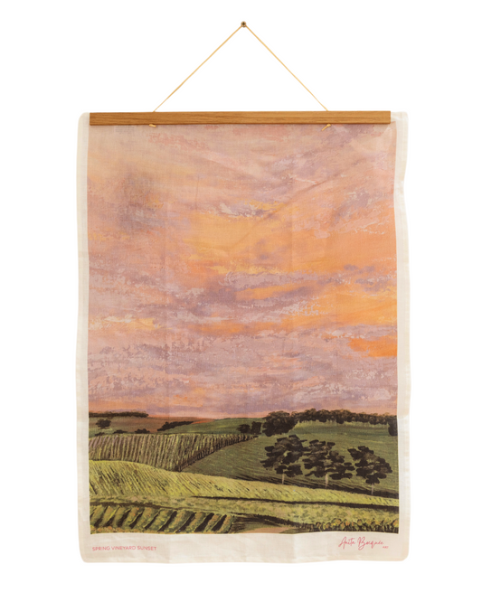 Orange Vineyard Sunset Linen Tea Towel